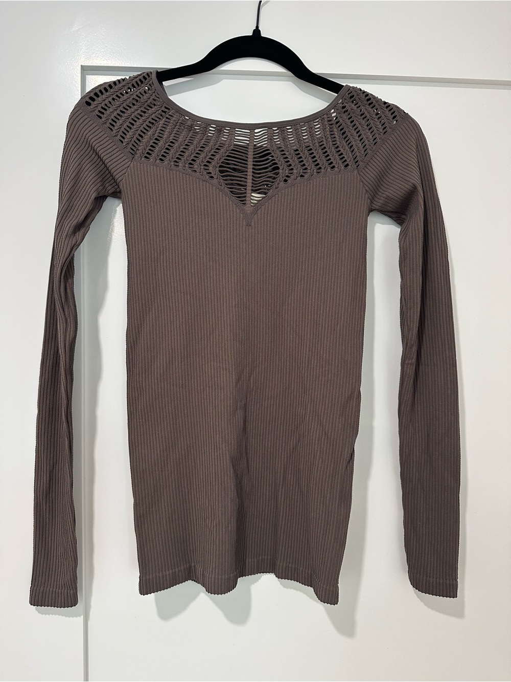 Free people Ribbed Long Sleeve Top with Crochet Yoke - brown